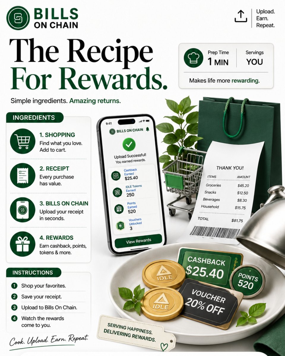 BillsOnChain's tweet photo. π§Ύ THE RECIPE FOR REWARDS
The ingredients are simple. β¨
π Shop
π Keep your receipt
π² Upload
π Earn rewards
Every receipt is an ingredient worth keeping. π
π https://t.co/rIIHJsqOMt
#BillsOnChain #ReceiptsToRewards #ShopAndEarn #Cashback #Rewards #Web3 #Fintech #IDLE https://t.co/YsKKf2CRON