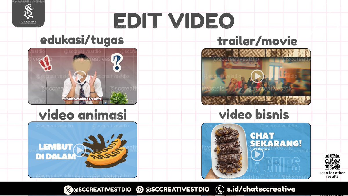 sccreative2's tweet photo. haloo aku open edit foto, edit video, design grafis (Design Poster, Pamflet, Banner sidang, Moodboard, Twb, Infografis, Feeds, Story, Logo, Freebies, Brosur, Stiker, Jersey, dll)🙆🏻‍♀️

✅ all req bisa, free revisi
✅ proses cepat, trusted 
☎️ wa @sccreativestdio

#zonauang #zonaba https://t.co/3agm9FSAb5