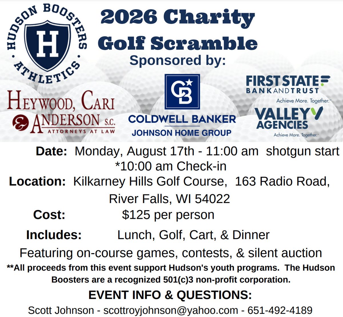 Hudson_Boosters's tweet photo. The 2026 Charity Golf Scramble is coming up quick! We are only 11 days away, so don't forget to register your team and support our youth athletes. 

Please reach out if you have any questions! https://t.co/yFqy2uPElN