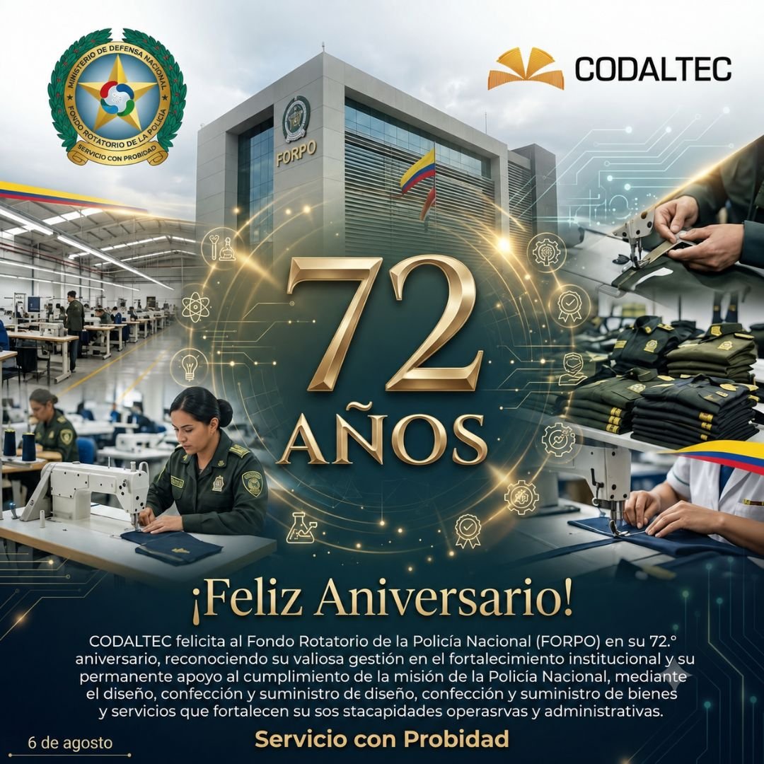 Codaltec's tweet photo. 🎉 Desde @Codaltec felicitamos al @FORPO por su 72.º aniversario.

Reconocemos su compromiso y valiosa labor en el fortalecimiento de la capacidad institucional y el apoyo a la misión de la Policía Nacional. ¡Feliz aniversario! 🇨🇴

#72Años #PolicíaNacional #ServicioConProbidad https://t.co/KxSrC0xyvy