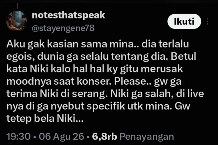 Rosefanse_'s tweet photo. @stayengene78 @bhuminalendraa Ngetik yg bener
Meskipun nggk sebut nama tapi kalimatmu secara halus membenarkan omongan Niki tertuju pada mina dan itu menambah kemarahan fans https://t.co/pdlKaHFUam