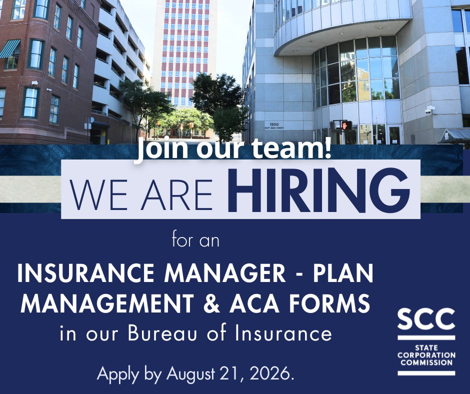 VAStateCorpComm's tweet photo. Virginia State Corporation Commission has a #jobopening for an Insurance Manager - Plan Management &amp; ACA Forms with our Bureau of Insurance. Apply by Aug. 21, 2026. Visit SCC Career Center to learn more about the position &amp; apply: https://t.co/Je71JlUchS #insurance #careers #jobs https://t.co/tZghh9VbWE
