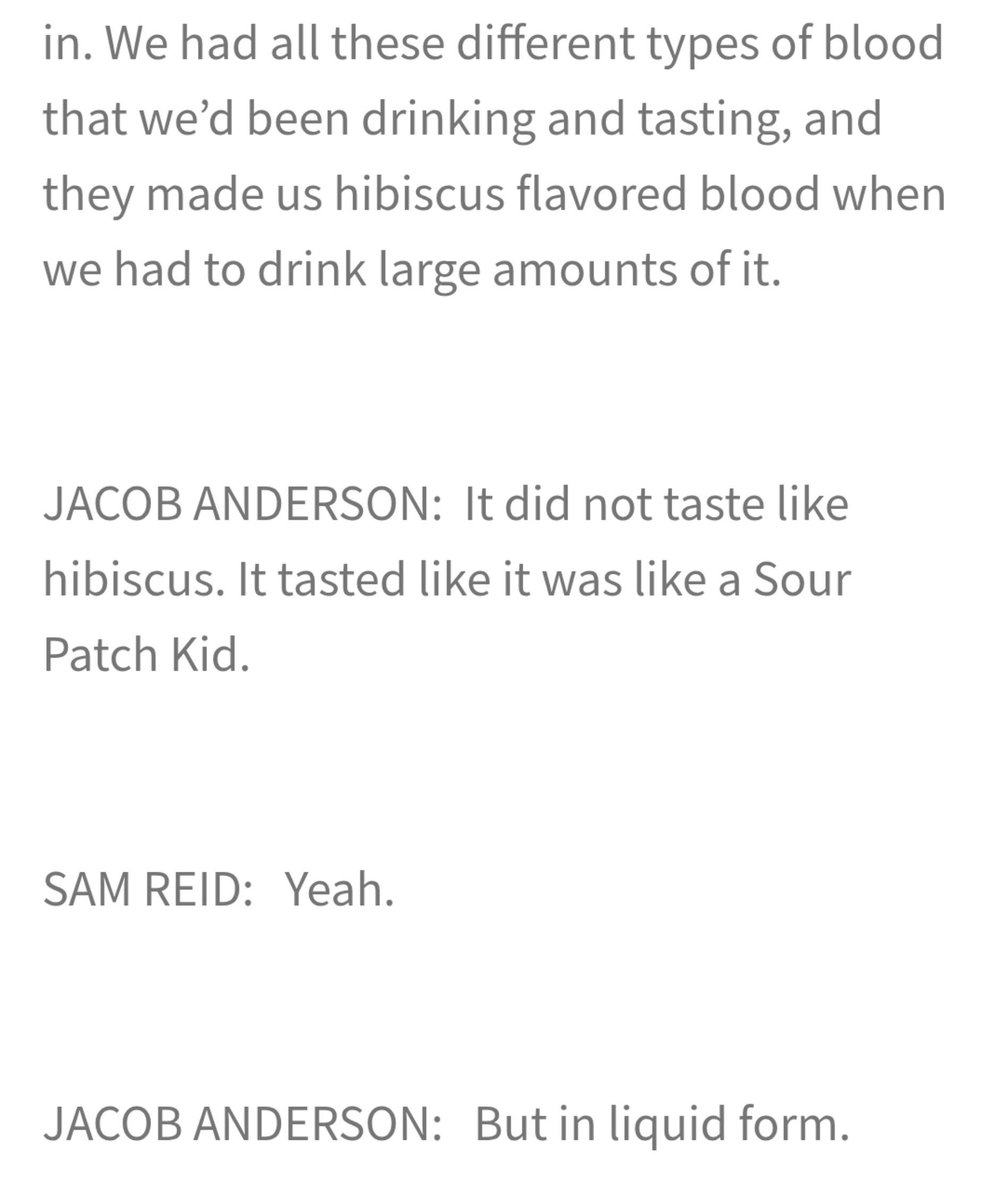 jamloustatarch's tweet photo. SR: We had all these different types of blood that we'd been drinking &amp; tasting, and they made hibiscus flavored blood when we had to drink large amounts of it.

JA: It did not taste like hibiscus. It tasted like it was like a Sour Patch Kid.

SR: Yeah.

JA: But in liquid form. https://t.co/pD5BZ7v2Ea