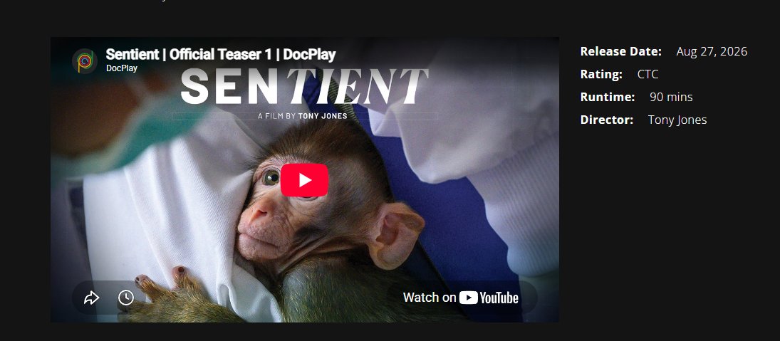 QuantsDev1223's tweet photo. PETA just announced that they are releasing a new documentary about a monkey titled 'SENTIENT'.

It's exactly like 'KIO' which went to 3m but this time about a monkey

isn't this really good?

link to movie:
https://t.co/odf2b6tmMu
https://t.co/pMsESIZN8r https://t.co/ecsVDoYVNc