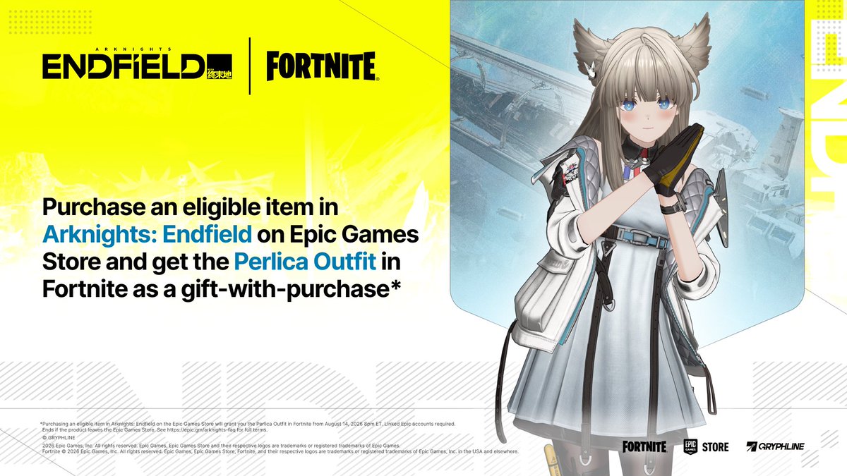 AKEndfield's tweet photo. Endministrators, prepare to deploy!

Perlica is gearing up for her Fortnite debut! The Perlica Outfit arrives in @Fortnite  @EpicGames  on August 14 at 5:00 PM PT.

See you on the battlefield—stay tuned!

*Visuals are for demonstration purposes only. Please refer to the in-game content for final details.

#ArknightsEndfield