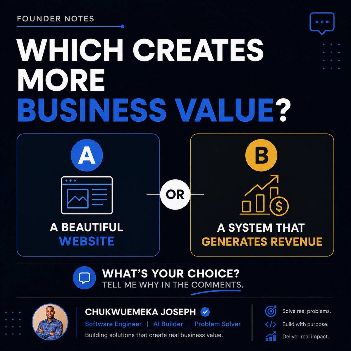 Techdaddyjoe's tweet photo. Most businesses are investing in the wrong thing first.

Here’s a simple question for founders and business owners:

Which creates more business value?

A. A beautiful website

B. A system that consistently generates revenue
What’s your choice —A or B 
Tell me why 👇 https://t.co/Xd6M4UqEli