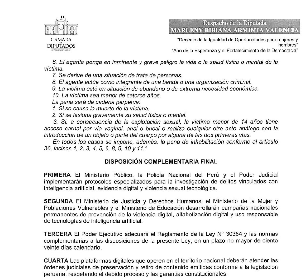 coyotegris's tweet photo. #ProyectoDeLey Ley que modifica el código penal para prevenir y sancionar la violencia sexual digital mediante inteligencia artificial https://t.co/d0fOQesTQb 
Presentado por @ArmintaMarleny de @Ahora_Nacion 
Notas: [1] aunque es un tema digital no referencia a la Politica 35 del Acuerdo Nacional (que es la Politica Digital); [2] Si bien el titulo referencia a la Inteligencia artificial las propuestas normativas no mencionan dicho término (la incluirian dentro del concepto tecnologías digitales); [3] plantea que la creacion, generacion o alteracion de contenido digital de caracter sexual sin consentimiento es penado, siendo entonces ¿que si es consentido no es penado?, que sucederia si la persona da su contenimiento pero luego lo retira ¿en ese momento lo creado toma alguna caracteristica diferente?. [4] Finalmente incorpora que las plataformas digitales que "operen en el pais" deberan eliminar los contenidos ¿Que significa la palabra "operen" cuando no tienen oficinas en el pais? ¿el mero uso de un usuario hace que la plataforma "opere" en el pais? ¿como compartimentar internet para que tenga barreras jurisdiccionales? ¿como hacer cumplir una normativa u orden de este tipo si la empresa se encuentra fuera del Peru o no se puede determinar su "ubicacion" directamente?