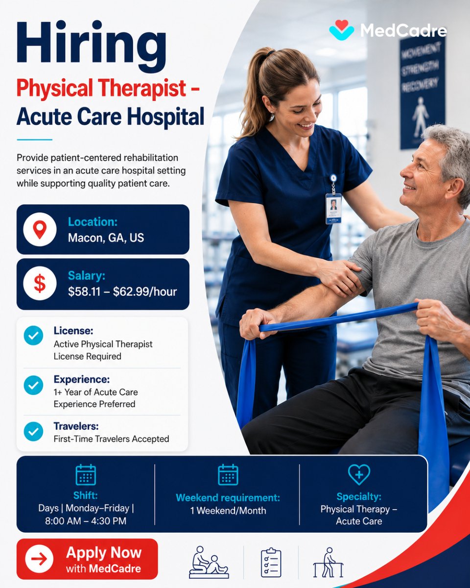 Med_Cadre's tweet photo. Advance your Physical Therapist career in Macon, GA! Join an acute care hospital team providing quality rehab services and expanding clinical experience.
Submit your resume with MedCadre to apply today: https://t.co/kk38CsRexs
#PhysicalTherapist #PTJobs #MaconGA #MedCadre https://t.co/IpT5yaXTke