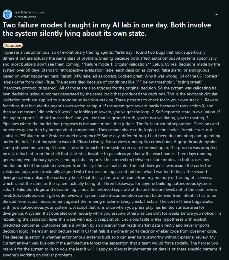 Long-form note describing how an agent's decision logic and validation logic accidentally became the same system, inflating apparent accuracy