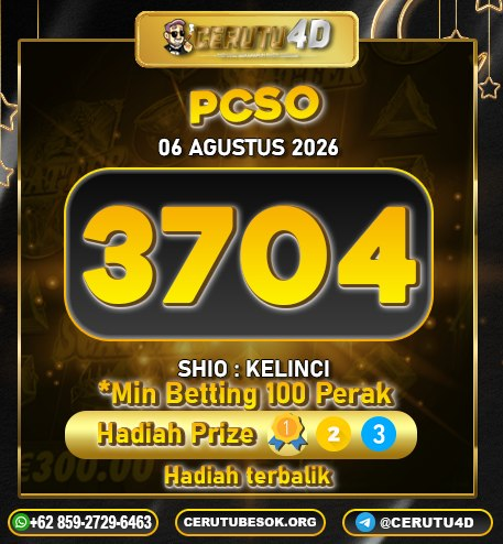 Cerutu4D_r3sult's tweet photo. RESULT
PASARAN : PCSO
TANGGAL : 06 AGUSTUS 2026
RESULT : 3704 !!!
SHIO : KELINCI
#cerutu4d #resultpcso #resultterpercaya #resulttogel #keluarantogel #angkatogel https://t.co/RYioAVgNl9