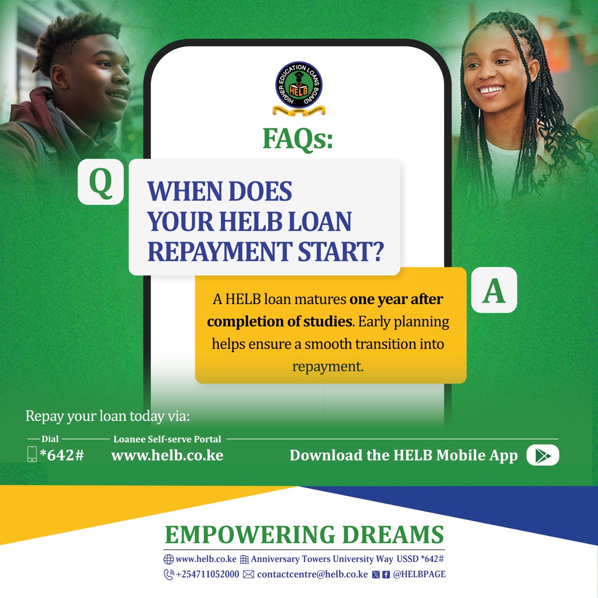 HELBpage's tweet photo. Planning ahead starts with knowing when repayment begins.
Your HELB loan matures one year after completing your studies, giving you time to prepare for repayment. Start planning early and stay ahead of your financial journey.
#NdotoZetuJukumuLetu https://t.co/xswulSdia5