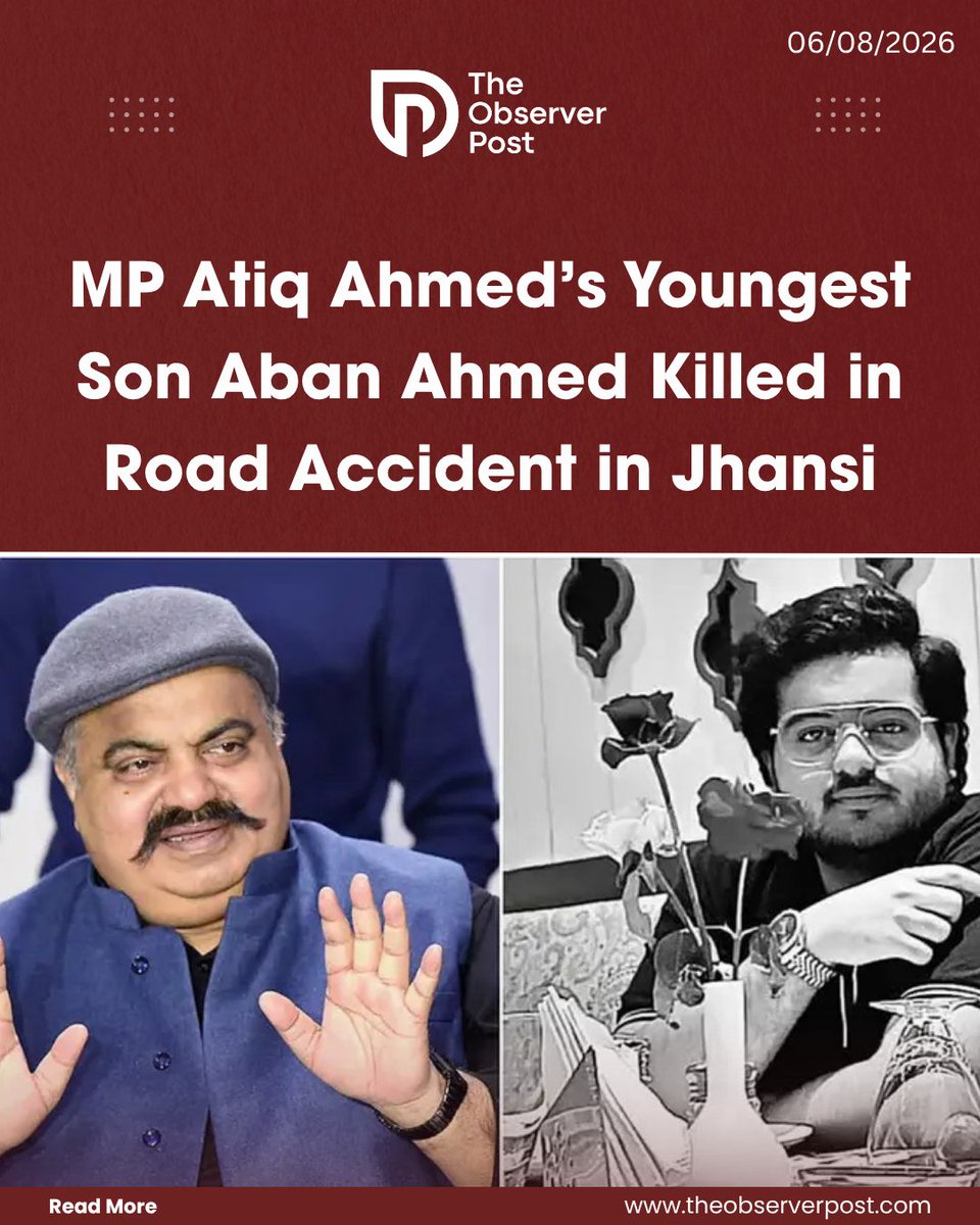 TheObserverPost's tweet photo. Aban Ahmed, the youngest son of slain gangster-turned-politician Atiq Ahmed, died in a road accident in Uttar Pradesh’s Jhansi on Thursday while travelling to meet his elder brother, Ali Ahmed, who is lodged in the district jail.

Another person travelling in the vehicle, identified as Sonu, also died in the accident, while three others sustained injuries and were admitted to a medical college for treatment.

Car Crashes Into Highway Divider

According to police, Aban was travelling from Prayagraj to Jhansi in a white Hyundai Creta with four others when the driver allegedly lost control of the vehicle. The SUV crashed into a highway divider, leaving its front portion badly damaged.

Senior Superintendent of Police BBGTS Murthy said police received information about the accident at around 10.30 am.

“Two people died in the accident, while three others sustained injuries. The injured are undergoing treatment at the medical college,” Murthy told reporters.

Read the full report on https://t.co/sxATfrm14G