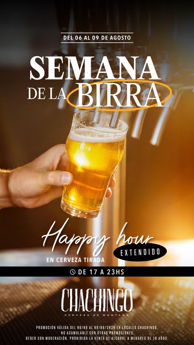 UniversoVigil's tweet photo. La Semana de la Birra en Chachingo

Desde hoy y hasta el 9 de agosto.

12 a 15hs → 2x1 en cerveza tirada comprando platos de bodegón

17 a 23hs → Happy hour extendido en cerveza tirada.

Te esperamos para disfrutarla. https://t.co/eNe5JytZTX