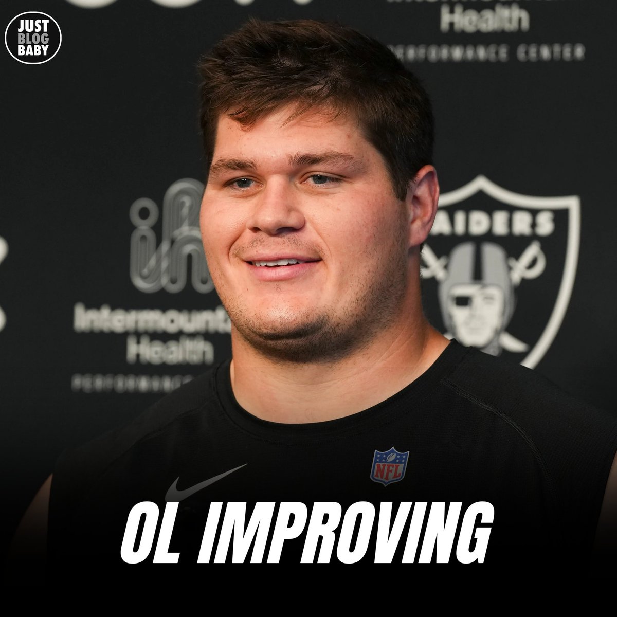 JustBlogBaby's tweet photo. The Raiders' OL sounds like it has improved through the first few padded training camp practices.

That was the hope after making two big additions: Tyler Linderbaum and Rick Dennison.

And while it's still early, these two seem to be positively affecting everyone around them. https://t.co/Xt0km5sqYR