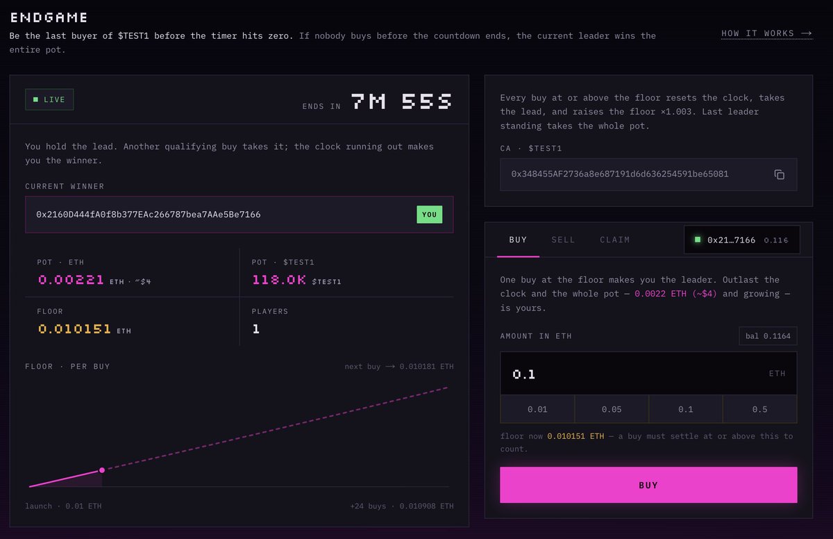 apex_ether's tweet photo. Throwing my V4 hook in the ring.

ENDGAME is my take on fomo3d as a hook. last-buyer-wins.

Buy $FEES and the countdown begins. If nobody buys after you before the timer hits zero, you win the pot funded by the 1% swap fee.

Every qualifying buy resets the 4-hour clock, takes the lead, and raises the floor for the next buyer.

Powered by a @Uniswap v4 hook.
Deployed on @RobinhoodCrypto Chain.

CA: 0x77948655831f48aa17AC85233E6c921F7eF7bb2e

https://t.co/LqwRhNV1lb