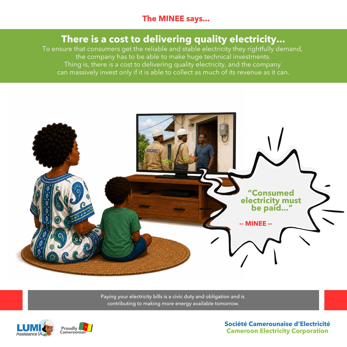 InsideSocadel's tweet photo. #CustomerInfo | In his message to consumers, the Minister of Water Resources &amp; Energy underscores a key fact: reliable &amp; stable energy demands continuous investments. Everyone has to contribute to this effort by paying for what they consume.

Together, let us power progress. ⚡🇨🇲 https://t.co/CXAtc3FxFc