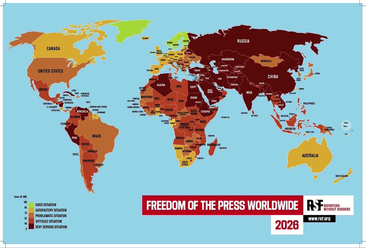 EconomyInformal's tweet photo. Freedom of the Press Worldwide 2026

1. Norway🇳🇴
2. Netherlands🇳🇱
3. Estonia🇪🇪
4. Denmark🇩🇰
5. Sweden🇸🇪
6. Finland🇫🇮
7. Ireland🇮🇪
8. Switzerland🇨🇭
9. Luxembourg🇱🇺
10. Portugal🇵🇹
11. Czechia🇨🇿
12. Iceland🇮🇸
14. Germany🇩🇪
15. Lithuania🇱🇹
16. Belgium🇧🇪
17. Latvia🇱🇻
18. UK🇬🇧
19. Austria🇦🇹
20. Canada🇨🇦
21. South Africa🇿🇦
22. New Zealand🇳🇿
23. Namibia🇳🇦
25. France🇫🇷
27. Poland🇵🇱
28. Taiwan🇹🇼
29. Spain🇪🇸
31. Moldova🇲🇩
33. Australia🇦🇺
36. Slovenia🇸🇮
37. Slovakia🇸🇰
38. Costa Rica🇨🇷
41. Montenegro🇲🇪
44. Dominican Rep.🇩🇴
45. North Macedonia🇲🇰
47. Korea🇰🇷
48. Uruguay🇺🇾
49. Romania🇷🇴
50. Armenia🇦🇲
52. Brazil🇧🇷
53. Croatia🇭🇷
55. Ukraine🇺🇦
56. Italy🇮🇹
60. Andorra🇦🇩
62. Japan🇯🇵
64. USA🇺🇸
65. Panama🇵🇦
70. Chile🇨🇱
71. Bulgaria🇧🇬
74. Hungary🇭🇺
75. Qatar🇶🇦
78. Senegal🇸🇳
80. Cyprus🇨🇾
83. Albania🇦🇱
84. Kosovo🇽🇰
85. Mongolia🇲🇳
86. Greece🇬🇷
87. Nepal🇳🇵
88. Paraguay🇵🇾
89. Lesotho🇱🇸
90. Bosnia and Herzegovina🇧🇦
91. Bolivia🇧🇴
92. Thailand🇹🇭
95. Malaysia🇲🇾
98. Argentina🇦🇷
99. Mozambique🇲🇿
102. Colombia🇨🇴
104. Serbia🇷🇸
105. Morocco🇲🇦
106. Kenya🇰🇪
109. Angola🇦🇴
112. Nigeria🇳🇬
113. Benin 🇧🇯
114. Philippines🇵🇭
115. Lebanon🇱🇧
116. Israel🇮🇱
117. Tanzania🇹🇿
121. Mali🇲🇱
122. Mexico🇲🇽
124. Zimbabwe🇿🇼
125. Ecuador🇪🇨
128. Guatemala🇬🇹
129. Indonesia🇮🇩
130. Congo, D.R.🇨🇩
131. Uganda🇺🇬
132. Honduras🇭🇳
133. Cameroon🇨🇲
134. Sri Lanka🇱🇰
135. Georgia🇬🇪
136. Kuwait🇰🇼
137. Tunisia🇹🇳
138. Libya🇱🇾
139. Rwanda🇷🇼
140. Hong Kong🇭🇰
141. Syria🇸🇾
142. Jordan🇯🇴
143. El Salvador🇸🇻
144. Peru🇵🇪
145. Algeria🇩🇿
146. Kyrgyzstan🇰🇬
147. Uzbekistan🇺🇿
148. Ethiopia 🇪🇹
149. Kazakhstan🇰🇿
150. Bhutan🇧🇹
151. Cambodia🇰🇭
152. Bangladesh🇧🇩
153. Pakistan🇵🇰
154. Laos🇱🇦
155. Tajikistan🇹🇯
157. India🇮🇳
158. UAE🇦🇪
159. Venezuela🇻🇪
160. Cuba🇨🇺
161. Sudan🇸🇩
162. Iraq🇮🇶
163. Türkiye🇹🇷
164. Yemen🇾🇪
165. Belarus🇧🇾
166. Myanmar🇲🇲
167. Djibouti🇩🇯
168. Nicaragua🇳🇮
169. Egypt🇪🇬
170. Bahrain🇧🇭
171. Azerbaijan🇦🇿
172. Russia🇷🇺
173. Turkmenistan🇹🇲
174. Vietnam🇻🇳
175. Afghanistan🇦🇫
176. Saudi Arabia🇸🇦
177. Iran🇮🇷
178. China🇨🇳
179. North Korea🇰🇵
180. Eritrea🇪🇷

@RSF_inter