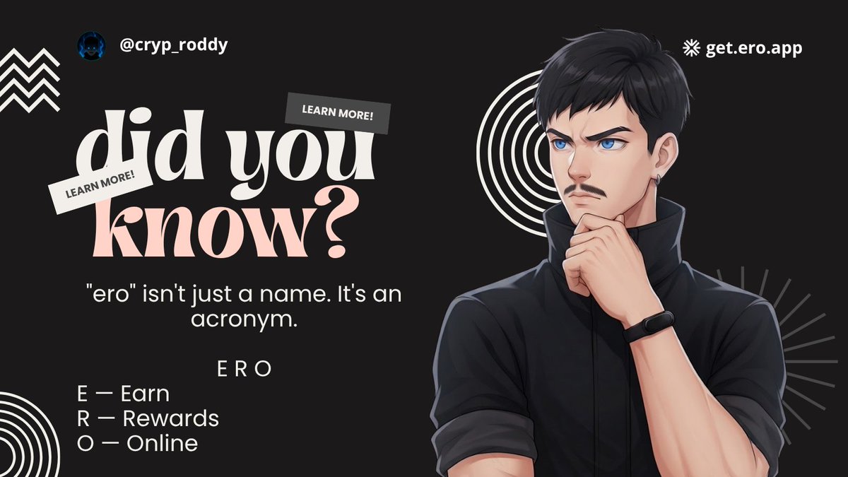 cryp_roddy's tweet photo. Fun fact Thursday: 👀

In case you didn't know, ero isn't just a catchy name.

It's actually an acronym:

E — Earn
R — Rewards
O — Online

Every letter represents the mission behind the app: rewarding people for the value they create online🤑

@earnos_io  @degentle_man #EarnOSWay https://t.co/kzAxNivDGh
