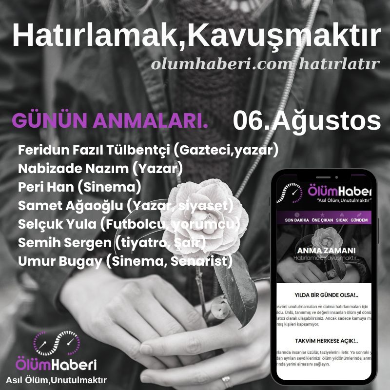 OlumHaberi's tweet photo. GÜNÜN ANMALARI. (06.Ağustos)
Feridun Fazıl Tülbentçi
Nabizade Nazım
Peri Han
https://t.co/mHRZXAkEsq
#İstanbul #vefat #anma #tarih #FeridunFazılTulbentci #NabizadeNazım #PeriHan #tarih #Ankara #yazar #sinema #Istanbul #Osmanli #Manisa #TBMM #sair #siir https://t.co/aN5e9fSk2H