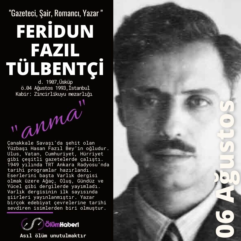 OlumHaberi's tweet photo. GÜNÜN ANMALARI. (06.Ağustos)
Feridun Fazıl Tülbentçi
Nabizade Nazım
Peri Han
https://t.co/mHRZXAkEsq
#İstanbul #vefat #anma #tarih #FeridunFazılTulbentci #NabizadeNazım #PeriHan #tarih #Ankara #yazar #sinema #Istanbul #Osmanli #Manisa #TBMM #sair #siir https://t.co/aN5e9fSk2H