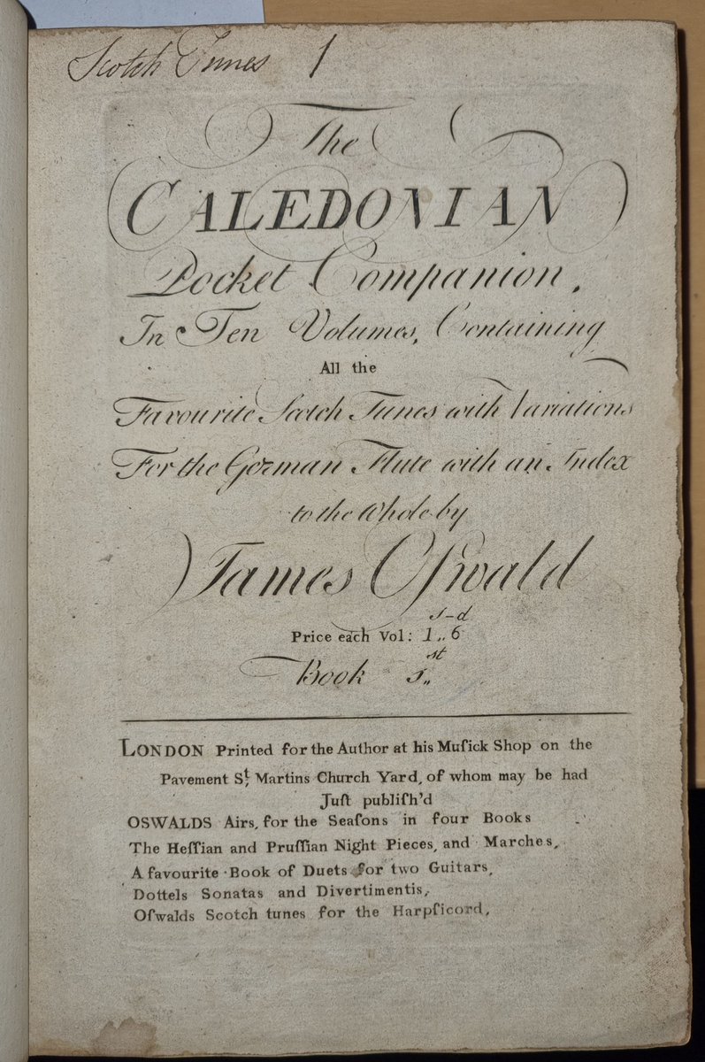 signetlibrary's tweet photo. On the desk this afternoon, James Oswald's "Caledonian Pocket Companion" c 1760: provenance of Georgian dilettante collector Joseph Gulston d. 1786, the composer and organist John Stainer d.1901 (with his annotations), and the Scottish composer/collector Alfred Moffat d. 1950. https://t.co/VztgryINNQ