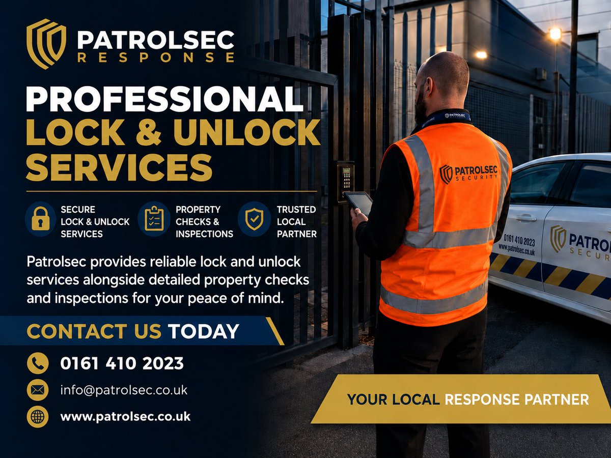 Patrolsec's tweet photo. ๐ PROFESSIONAL LOCK & UNLOCK SERVICES
Reliable opening & locking of commercial premises by trained security officers.
Serving Greater Manchester & the North West.
https://t.co/iLfYs0SMoU
๐ 0161 410 2023
#LockUnlock #CommercialSecurity #PropertyProtection #FacilitiesManagement https://t.co/gjesgx1kFD