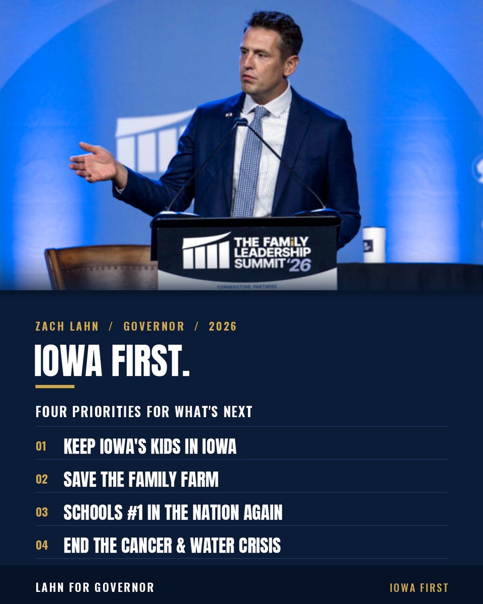 jdunwell's tweet photo. Flat tax. School choice. $50K teacher pay. Property tax relief. Girls' sports protected.

Iowa didn't coast. We built.

@ZachLahn  isn't running on yesterday's wins. He's building on them:

Kids stay in Iowa
Family farms saved
Schools #1 again
Cancer & water crisis ended
Iowa First.