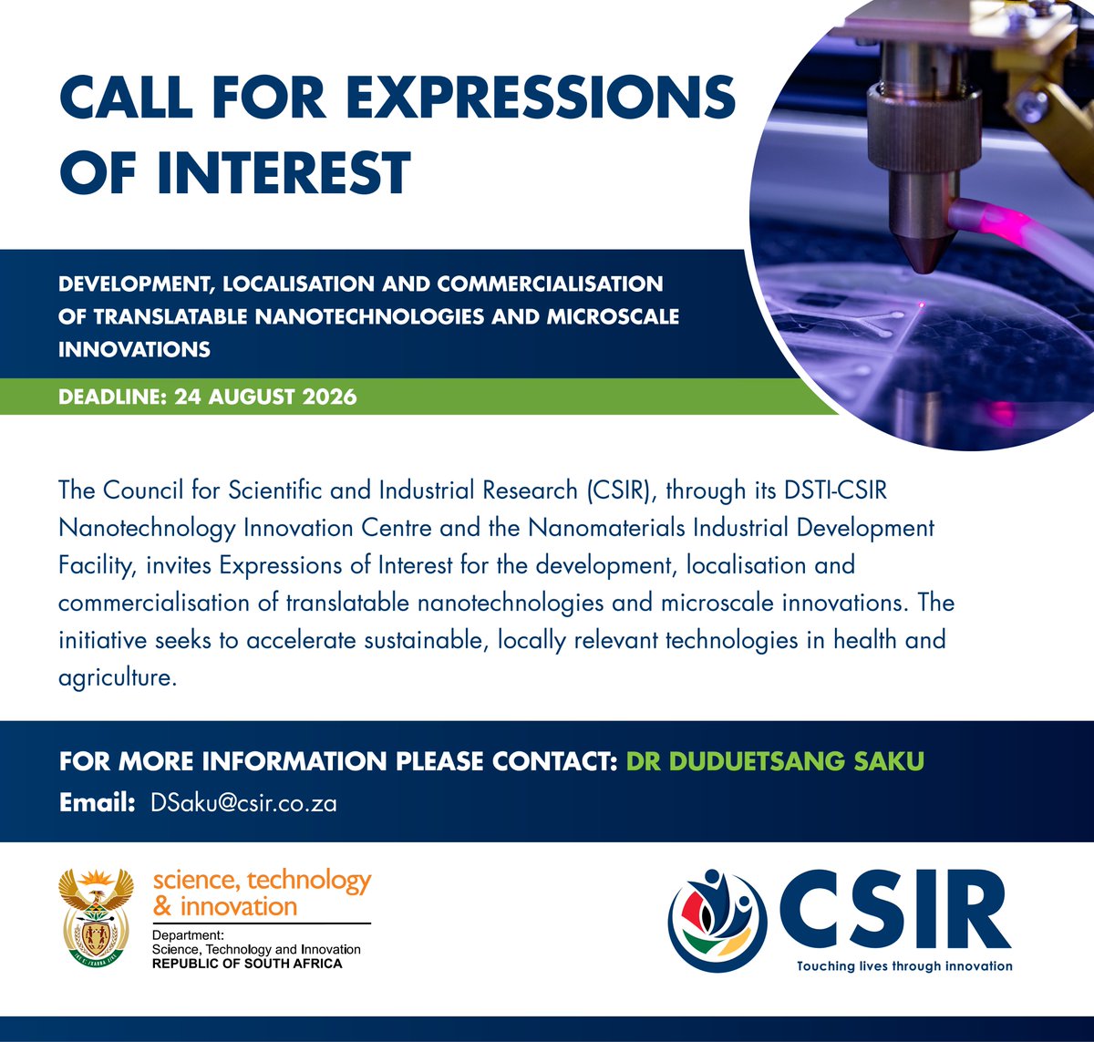 CSIR's tweet photo. Call for expressions of interest #EoIs: Development, localisation and commercialisation of translatable nanotechnologies and microscale innovations.
📅 Closing date for applications: 24 August 2026
🔗 https://t.co/btOlG3Pg87 https://t.co/sZP1VBgVcN