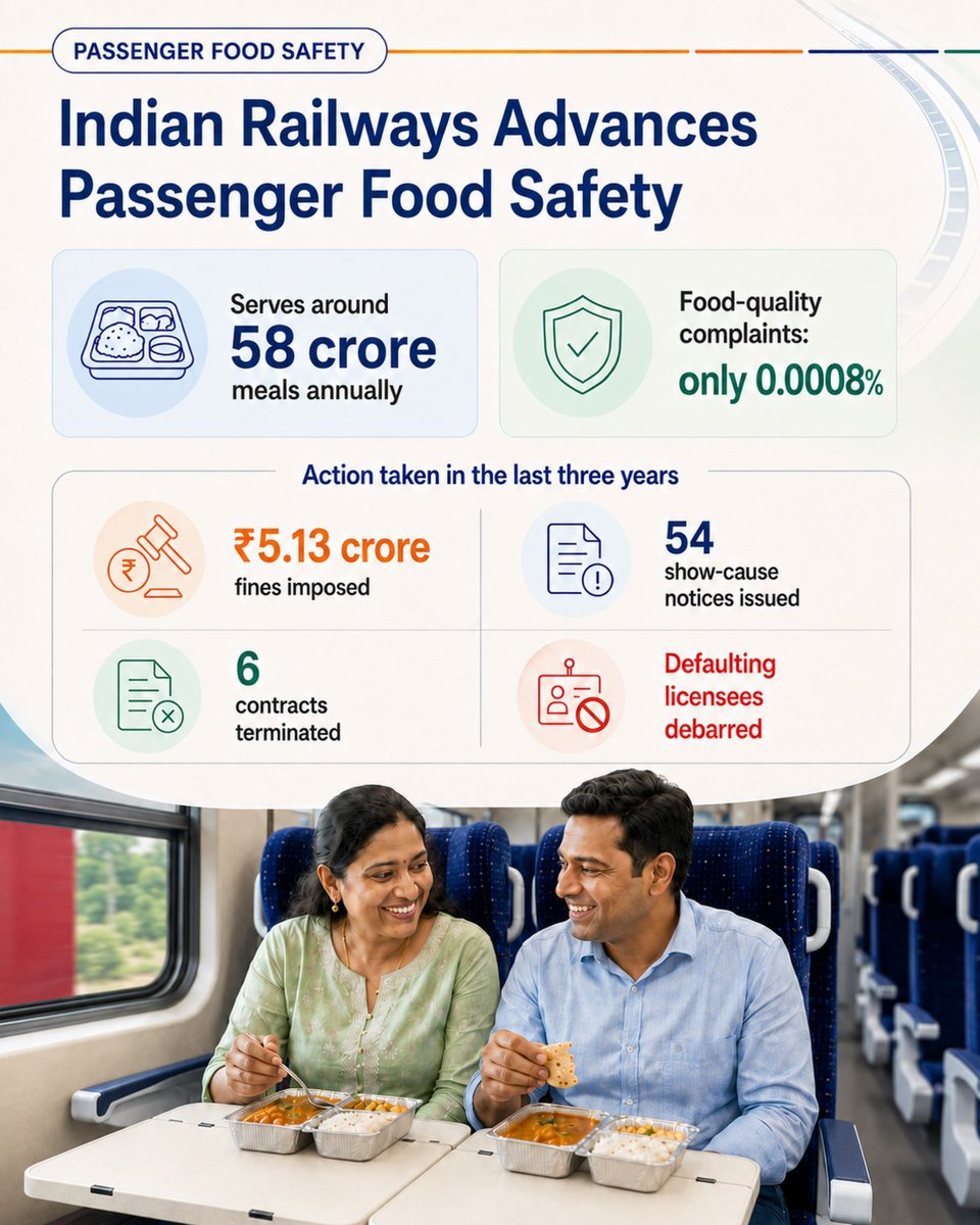 RailMinIndia's tweet photo. Indian Railways strengthens food safety and hygiene standards through QR-enabled packaging, regular inspections, and trained staff.

#FoodSafety #RailJourney https://t.co/I2IGiGit2Y