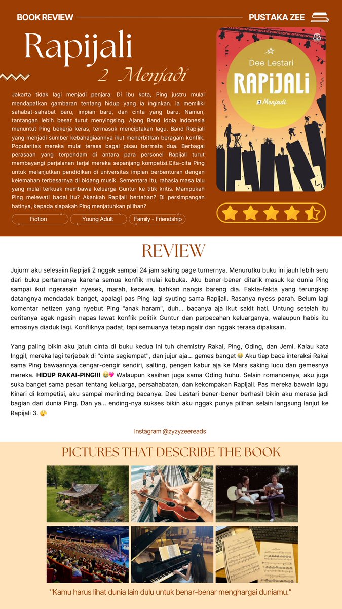 journalzees's tweet photo. ๐ชถ Pustaka Samฤซkแนฃฤ ๐๐ หหห
๐ Rapijali 2 Menjadi oleh Dee Lestari
โ 4.5/5
๐ Fiction, Young Adult, Family & Friendship
#PustakaZee https://t.co/3NjVb2TolG