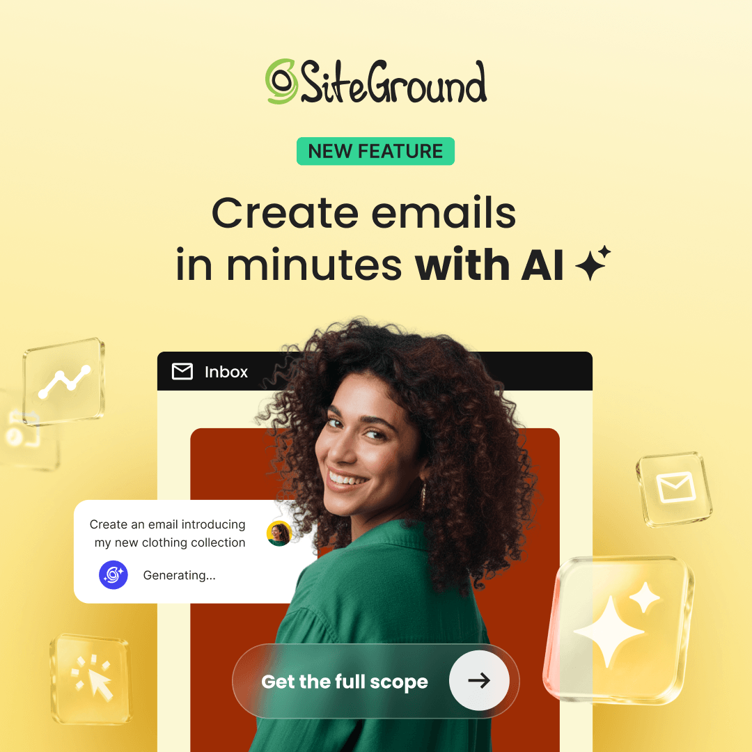SiteGround's tweet photo. SiteGround Email Marketing now allows you to create email campaigns by simply using AI. Pick a starter, answer a few quick questions about your business, and your campaign shows up ready to edit, with the subject line, pre-header, and body already in place. See for yourself: https://t.co/zkrtF7Qe2F