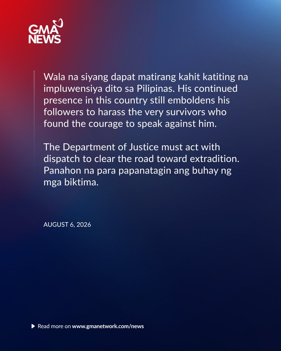 gmanews's tweet photo. 'WALA NA SIYANG DAPAT MATIRANG KAHIT KATITING NA IMPLUWENSIYA DITO SA PILIPINAS'

Senator Risa Hontiveros posted a statement following the United States government's request to extradite religious leader Pastor Apollo Quiboloy over sex trafficking and racketeering charges he's facing in the US. 

Read related article:
https://t.co/MT0ku9Gguz