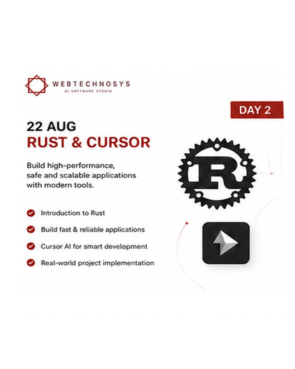 webtechnosysai's tweet photo. Day 2: Rust and Cursor

📅 22 August 2026

Day 2 focuses on combining modern development practices with AI-assisted coding.

Participants will explore:
- Introduction to Rust
- Building fast and reliable applications
- AI-assisted development with Cursor
- Practical coding workflows
- Real-world project implementation

Learn how AI can support development while you retain control over architecture, quality and security.

📞 +91-7410582898 ✉️ info@webtechnosys.com

#RustProgramming #CursorAI #AIDevelopment#CodingWorkshop #SoftwareEngineering #HandsOnTraining#Webtechnosys