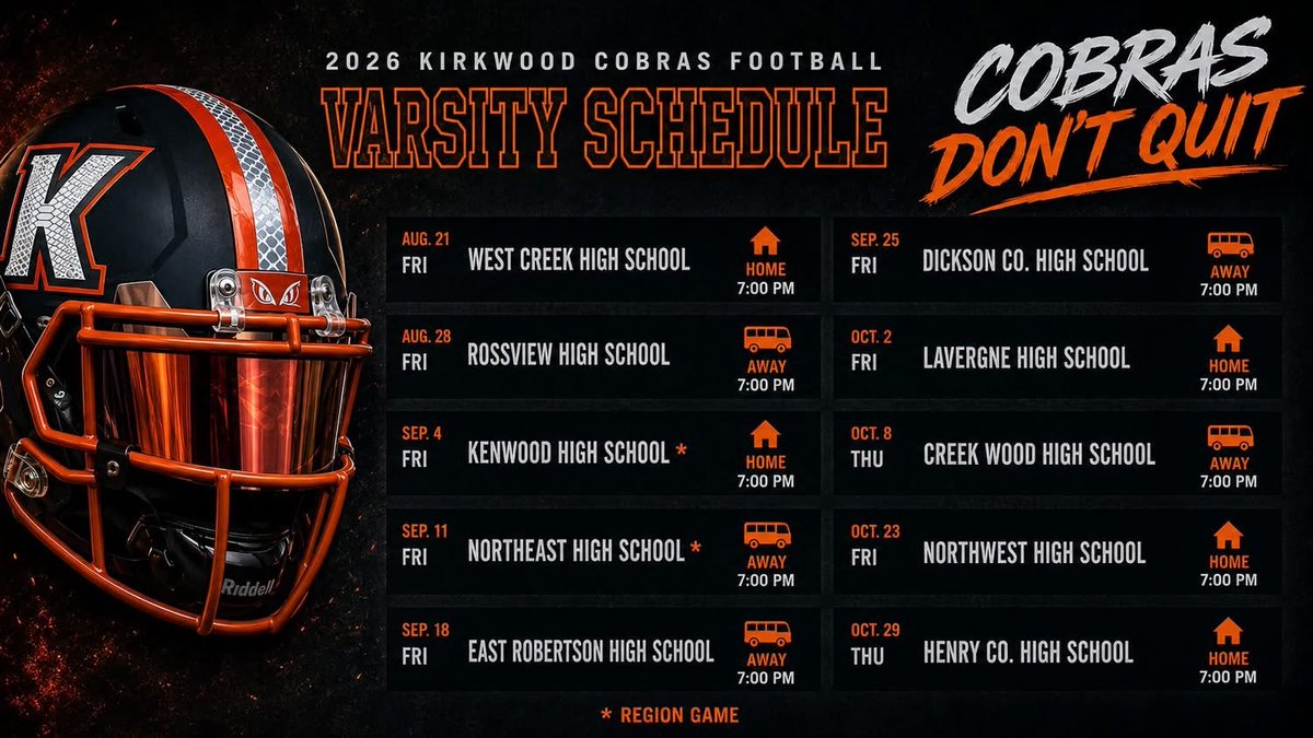KCobrasFootball's tweet photo. 2026 Season Schedule

#CobrasDontQuit🐍 https://t.co/3ZClMCEpak