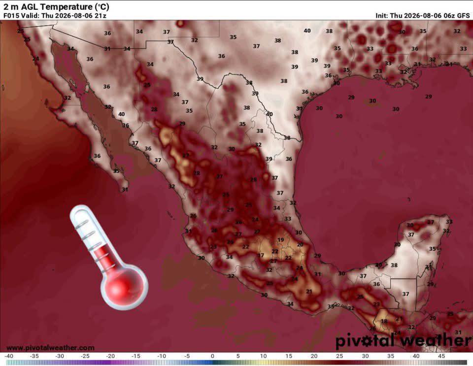 InfoMeteoro's tweet photo. ✅PRONÓSTICO JUEVES 6/AGO/2026 

“Incrementan precipitaciones, siendo localmente muy fuertes; ambiente caluroso típico de agosto persistirá…

⛈️LLUVIAS Y TORMENTAS C/GRANIZO

🔴EVENTOS MÁS INTENSOS🔴
-Jal, Col, Mich, EdoMex, CDMX, Mor, Gro, Oax, Ver, Chis, Yuc, QRoo, sierras de Son, Chih, Dgo, Sin, Nay, Pue

🟡EVENTOS AISLADOS FUERTES
-Coah, NL, Tamps, SLP, Zac, Gto, Qro, Hgo, Pue, Tlax, Tab, Camp

🌡️AMBIENTE DIURNO☀️
♨️🔥 >45ºC límites de BC-Son
🔥41-45ºC BC, Son, Sin, Chih, Coah, NL, Tamps, Mich, Gro, Tab, Camp, Yuc
🥵36-40ºC noroeste, norte, noreste, sureste
😅30-35ºC Bajío, Occidente, Pacífico, oriente
😌20-29ºC Altiplano centro

⚠️🌬️RÁFAGAS DE VIENTO km/h
35-60 estados del norte, centro, sureste, siendo mayores en zonas de tormenta