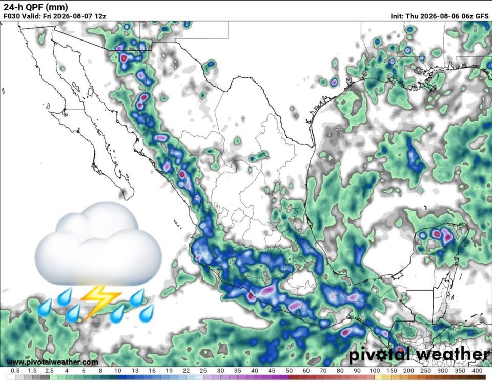 InfoMeteoro's tweet photo. ✅PRONÓSTICO JUEVES 6/AGO/2026 

“Incrementan precipitaciones, siendo localmente muy fuertes; ambiente caluroso típico de agosto persistirá…

⛈️LLUVIAS Y TORMENTAS C/GRANIZO

🔴EVENTOS MÁS INTENSOS🔴
-Jal, Col, Mich, EdoMex, CDMX, Mor, Gro, Oax, Ver, Chis, Yuc, QRoo, sierras de Son, Chih, Dgo, Sin, Nay, Pue

🟡EVENTOS AISLADOS FUERTES
-Coah, NL, Tamps, SLP, Zac, Gto, Qro, Hgo, Pue, Tlax, Tab, Camp

🌡️AMBIENTE DIURNO☀️
♨️🔥 >45ºC límites de BC-Son
🔥41-45ºC BC, Son, Sin, Chih, Coah, NL, Tamps, Mich, Gro, Tab, Camp, Yuc
🥵36-40ºC noroeste, norte, noreste, sureste
😅30-35ºC Bajío, Occidente, Pacífico, oriente
😌20-29ºC Altiplano centro

⚠️🌬️RÁFAGAS DE VIENTO km/h
35-60 estados del norte, centro, sureste, siendo mayores en zonas de tormenta