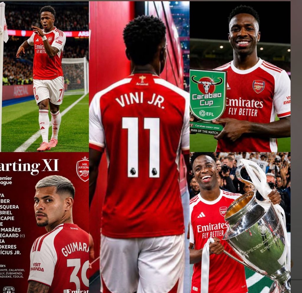 CFc_JoyC's tweet photo. Vini Jr.’s contract extension at Real Madrid is now in progress. 🤗🤣

After Arsenal fans already put him in an Arsenal jersey with a squad number…

They even gave him a Man of the Match award, a Champions League trophy, and a spot in the starting lineup. 😂

Shame wear me Mercy Chinwo Barrett. 🤣