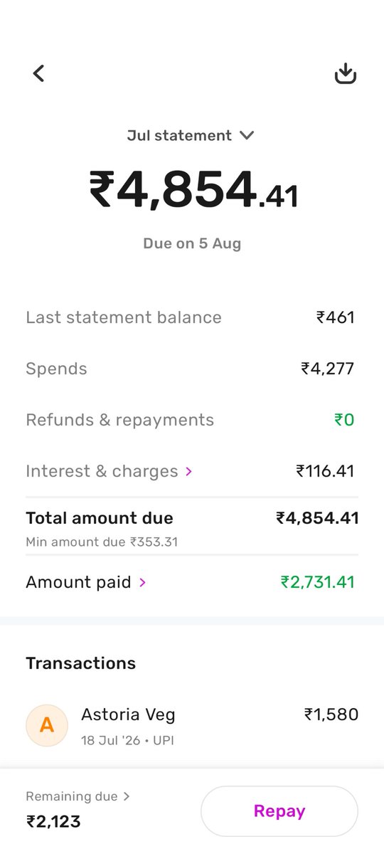 anil_kumar_a143's tweet photo. I paid 500 through @BharatConnect_ on 5th July but transaction getting under processing and money debited from my account but after some days money refunded in account and interest fees added in my Credit Card approx 197 on only 461 this is unfair because failed by app for glitch https://t.co/nYghZDTP3c