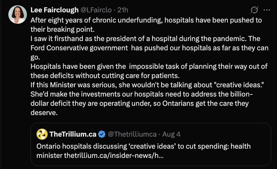 raghu_venugopal's tweet photo. Premier Ford has a majority. He could build a legacy of stronger hospitals and a strong publicly funded healthcare system. Instead, his government underfunds hospitals and asks them for "creative ideas". As a hallway doctor this is so off-the-mark and out-of-touch. @LFairclo https://t.co/SLM6fgkFN9