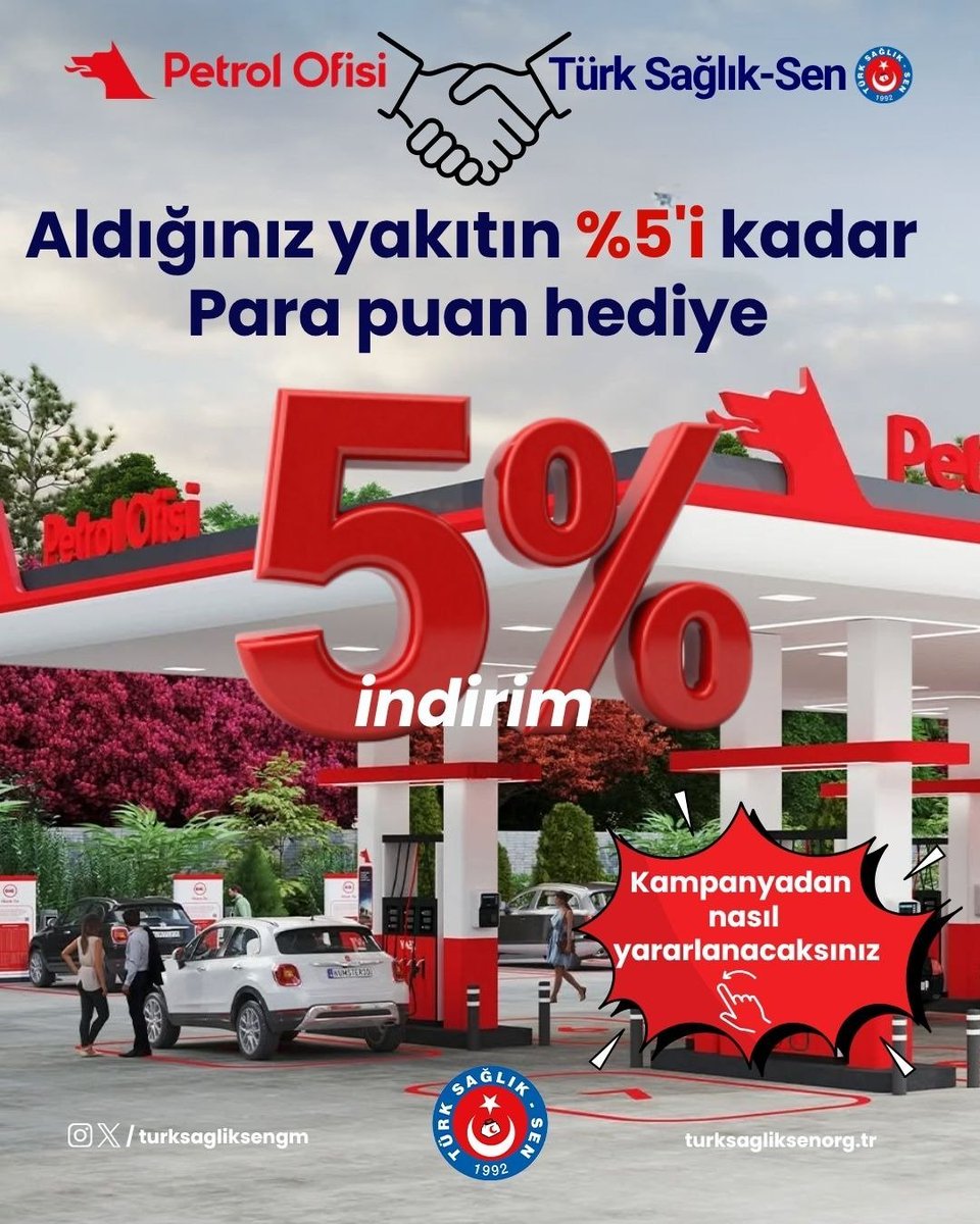 turksagliksengm's tweet photo. Türk Sağlık-Sen, üyelerinin bütçesine katkı sağlayacak yeni bir anlaşmaya daha imza attı

Petrol Ofisi ile yapılan iş birliği kapsamında, Türk Sağlık-Sen üyeleri satın aldıkları her yakıtta %4 + %1'de mobil uygulamadan olmak üzere %5 indirim anlamına gelen para puan kazanacaklar. 

İndirimden Yararlanmak Çok Kolay!

✅ Cep telefonunuza Petrol Ofisi Mobil Uygulamasını indirin.

✅ Şubenizden alacağınız Türk Sağlık-Sen kampanya kodunu uygulamaya tanımlayın.

✅ Kodunuzu aktive ettikten sonra ilk yakıt alımınızdan itibaren aldığınız yakıtın %5'i kadar para puan kazanın. Örneğin 1000 TL'lik yakıt alımında 50 TL'lik ParaPuan kazanacaksınız.

ADIM ADIM PETROL OFİSİ UYGULAMASINI KULLANMA:

Yeni Üyelik Oluşturacak Üye

https://t.co/2zBEtpZdXC Soyad Bilgisi Girilir

2.Cep Telefonu Bilgisi Girilir.

3.Sendika Tarafından Verilen Kod ‘Referans Kodum Var’ Alanına Girilir

4.Üyelik Onaylanır ve Kayıt olunur.

5.Plakasını Ekleyen Müşteriler Bir Defaya Mahsus Yakıt Alışverişinden Sonra Plakasını Doğrular.

Petrol ofisi uygulamasını önceden kullanan üyelerimiz

1.Ana sayfanın üst bölümünde bulunan 'Hediye Puanlarını Tanımlamak İçin’ alanına, sendika tarafından verilen hediye puan kodu girilir.

ParaPuanla Kazanmaya Başlayın!

Yakıt alımlarınızla kazanacağınız ParaPuan sistemi ile ilk indirimli yakıt alışverişinizin ardından aktif olacak. Böylece sonraki yakıt alımlarınızda biriken ParaPuanlarınızı kullanarak avantajlardan faydalanabileceksiniz.

Üyesine Kazandıran Sendika