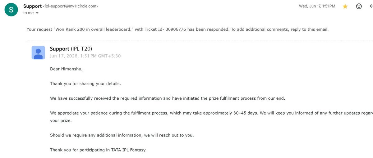 him_brainteaser's tweet photo. Dear @My11Circle, the prize money for me being in top 200 in the 2026 @IPLFantasy @IPL has still not been delivered despite being assured 30-45 days for it.

Kindly  address! @BCCI 

Attached acknowledgement by the team. https://t.co/yVl3op7ObG