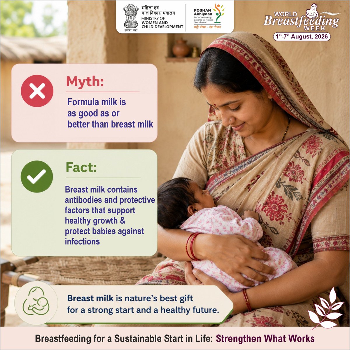 MinistryWCD's tweet photo. Breast milk nourishes while strengthening natural defence against infections. Give your baby nature's superfood for a brighter, healthier future.

#WorldBreastfeedingWeek2026 https://t.co/oWCfxANQm9