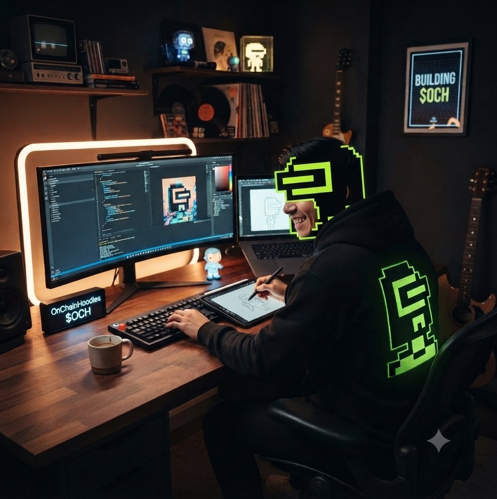 Mylo_db's tweet photo. Late-night coding sessions just hit different with the @OnChainHoodies drip.⚡️ Focused on building out the $OCH ecosystem. The future is looking neon green! 🟢
​#OnChainHoodies #OCH https://t.co/JbA7PzSemX