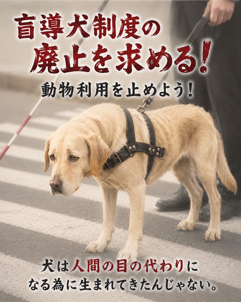 sonnyaonnyanko's tweet photo. ＃盲導犬制度の廃止を求める

私が盲導犬制度に反対する理由

1）ユーザーの高齢化に伴う
管理能力の低下がネグレクトや
飼育放棄（虐待）につながるリスク

2）生き物よりもAIや機械の方が　確実に管理しやすい

3）現代の環境を考えたら 犬を酷使するのは動物虐待です https://t.co/MB3kwE6cmz
