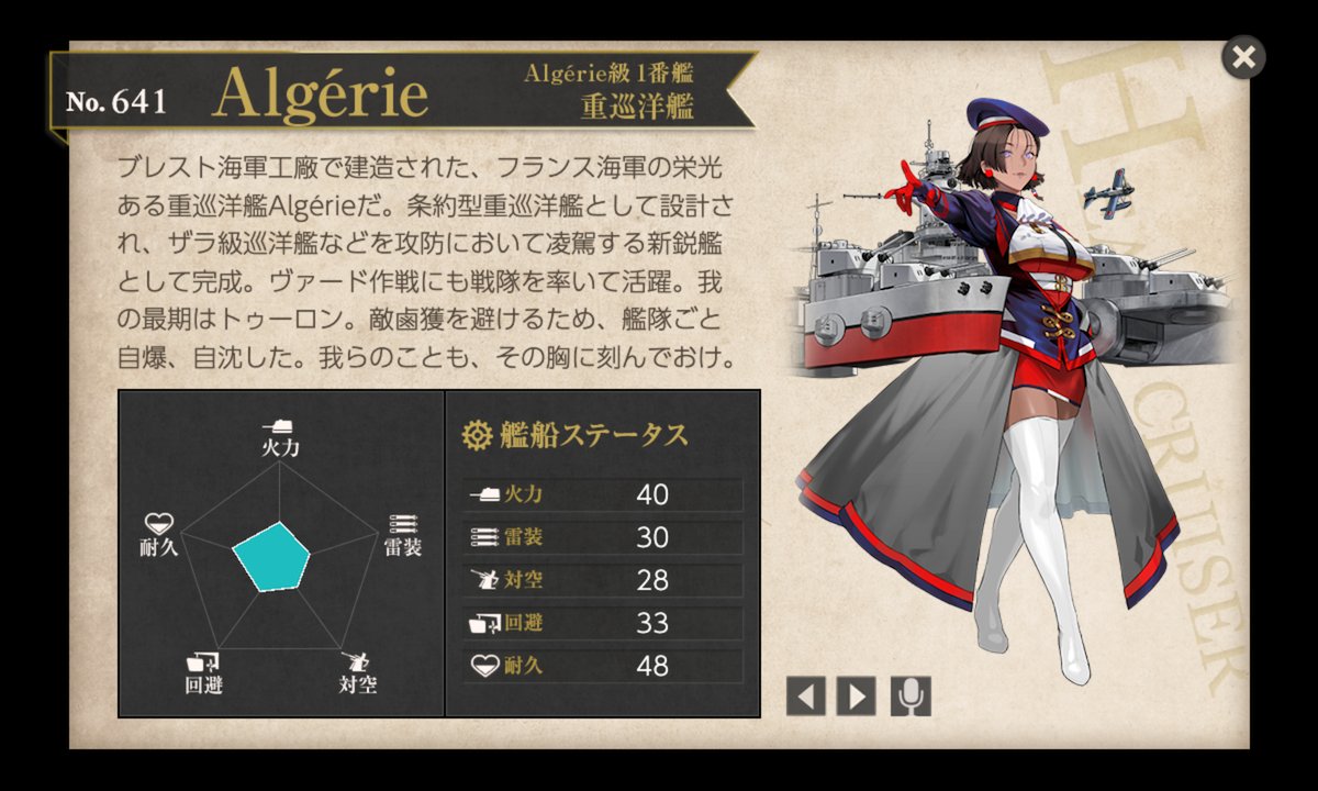 crazyquail_BT's tweet photo. そして、E-4突破報酬にして今回の新艦娘その７、仏重巡アルジェリーをお迎え㊗️🎊
艦娘と呼ぶには少々薹が立ってそうな（ひでぇ）ビジュアルに井上喜久子女史のドスの利いた声がよく合うｗ
E-5でかなりの特効が付くようなので取り急ぎ演習で育成しよう。
#艦これ https://t.co/YKD6V9mkgF