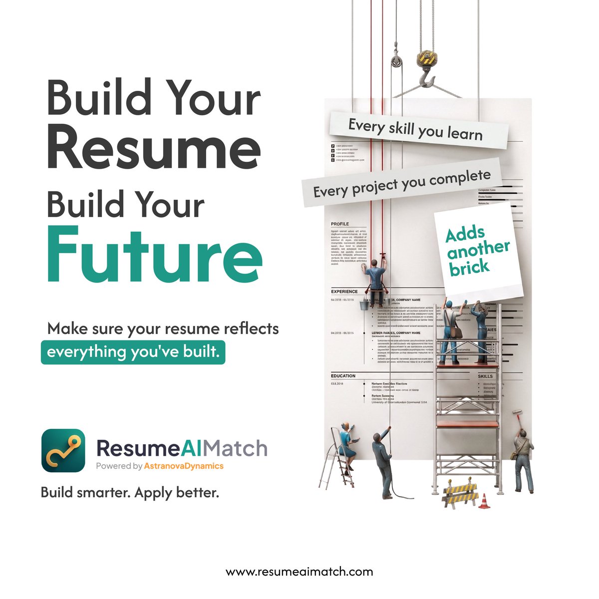 ResumeAIMatch's tweet photo. Every skill you learn. 
Every project you complete. 
Every experience you gain. 🧱
Your resume should reflect what you’ve built not just where you’ve worked.
Build smarter. Apply better. 🚀

#ResumeAIMatch #CareerGrowth #JobSearch https://t.co/0YJyH40Nsu