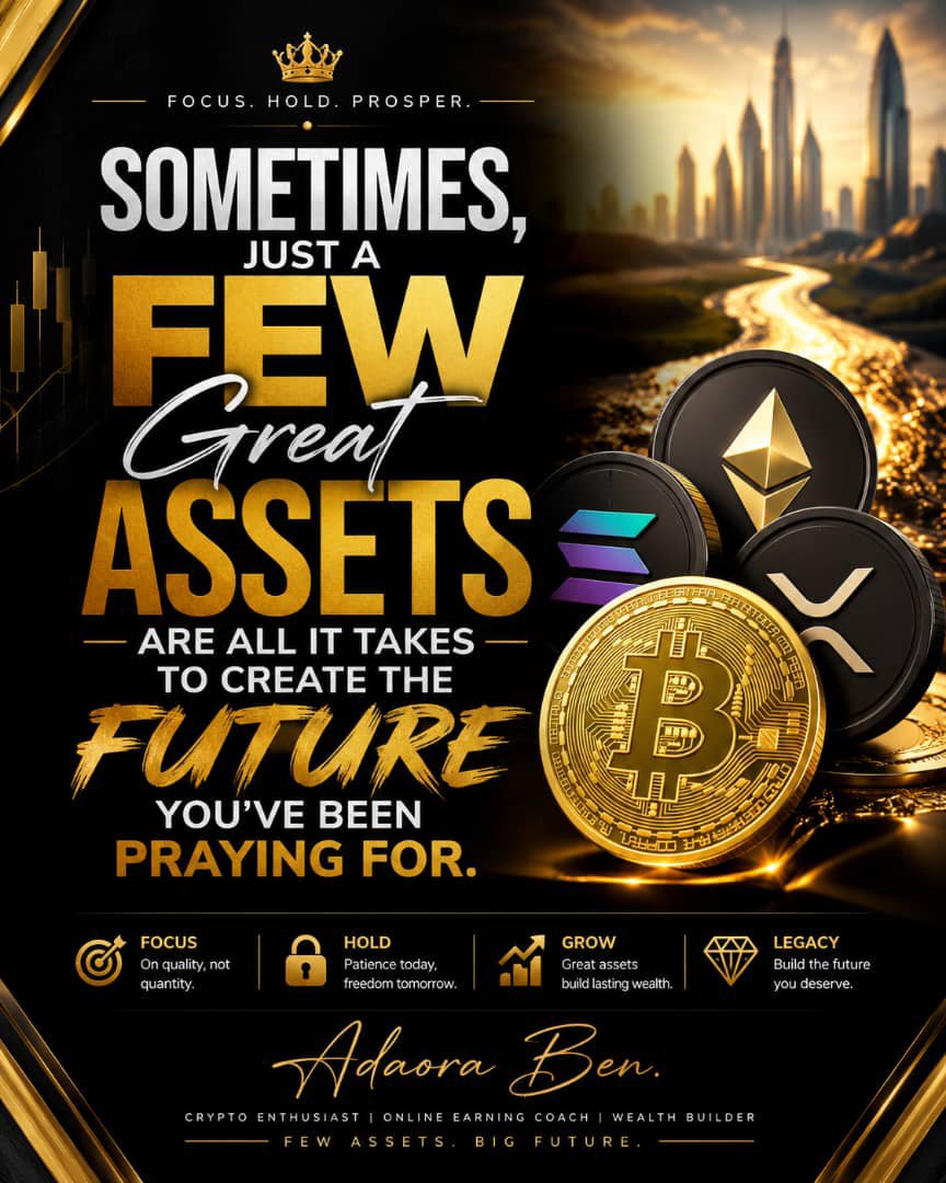 AdaoraBen2's tweet photo. You don't need to own every coin in the crypto market to become wealthy.

The biggest mistake many investors make is chasing every new token, every trend, and every hype. In the end, they spread themselves so thin that none of their investments has a meaningful impact.

Financial freedom isn't built by owning hundreds of coins. It's built by identifying a few high-quality assets, investing consistently, and giving them time to grow.

Please stop chasing everything.Start building something.