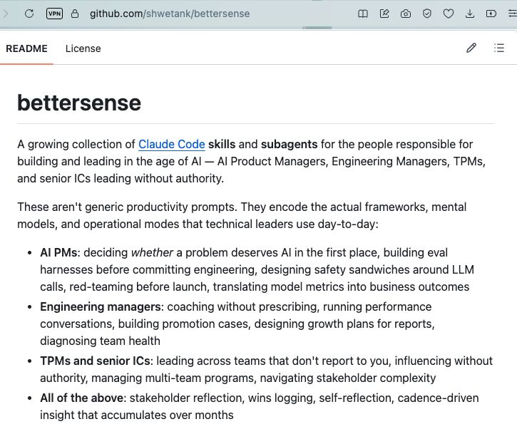 shwetank's tweet photo. Bettersense now has 54 skills and 22 agents. 0.3 release ships evals for itself. 44 golden cases, each written the way a person actually types. Every case asserts: which skill must fire, and which near neighbours must stay silent. 

If you're a PM, TPM or EM, check it out. https://t.co/4F9XcBOhKm