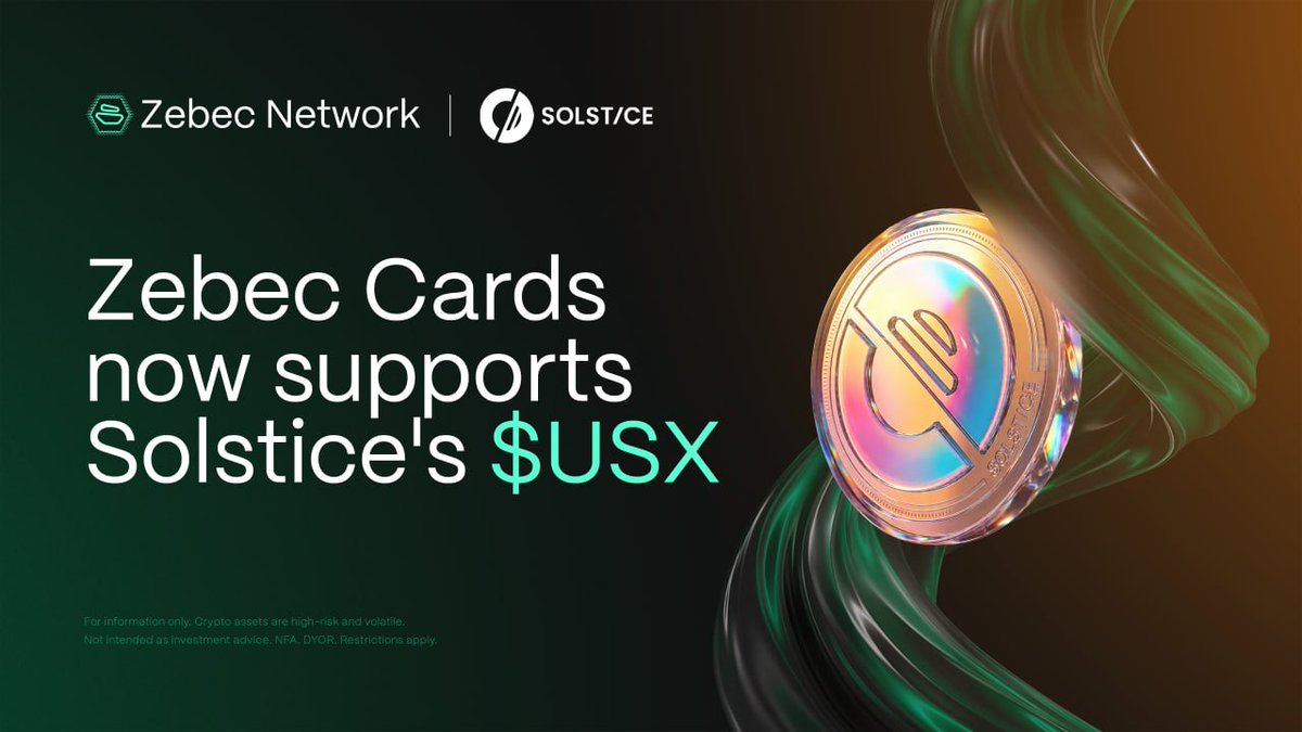 ZebecCards's tweet photo. $USX is now supported on Zebec Cards on @solana.

Powered by @solstice_fi, the Solana-native yield layer, USX brings an overcollateralized, yield-backed settlement asset to real-world spending.

With USX on Zebec Cards you can:

• Fund your card with $USX on Solana
• Spend anywhere via Apple Pay & Google Pay
• Move from on-chain yield to everyday purchases in one tap

Another way to take digital dollars beyond the blockchain and into everyday crypto use.