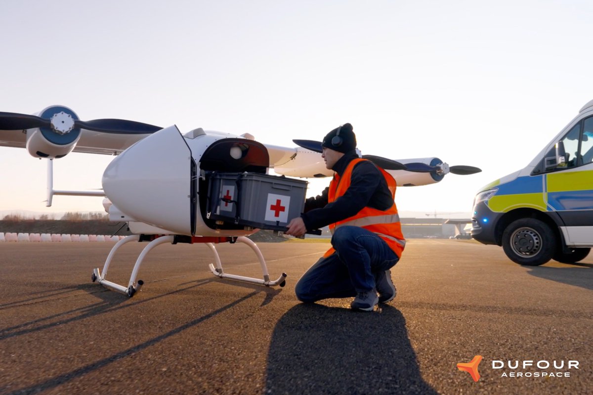 DufourAero's tweet photo. Healthcare logistics is rapidly transforming. The global medical drone delivery services market is forecast to grow from about USD 294 million in 2024 to approximately USD 2.5 billion by 2034, at a ~24% CAGR, as providers seek faster and more reliable transport of critical medical supplies (Global Market Insights, 2025).

For defence and emergency services, speed, efficiency and mission readiness are essential. Traditional runway-dependent aircraft and road logistics often struggle to meet the demands of rapid medical resupply, urgent field deployments and time-critical response operations.

That is where Dufour Aerospace delivers: The Aero-200 is a runway-independent VTOL tilt-wing aircraft engineered for rapid vertical take-off and landing, efficient long-range flight, and reliable payload integration, ensuring that emergency medical supplies or mission-critical equipment reach their destination quickly and safely.

This work is already being shaped through operational collaboration with partners across multiple countries, including Leeft and CHU de Nantes in France, @Savback Helicopters in Sweden, Air Zermatt in Switzerland, and @VolatusAero in Canada, as we build practical pathways for medical and mission-critical logistics.

Whether supporting frontline medical logistics, disaster response networks or tactical supply missions, the Aero-200 is built for the operational realities of high-stakes environments.

Learn more: https://t.co/wRenjaRbZV

#Aero200 #defence #emergencyservices #medicallogistics #VTOL